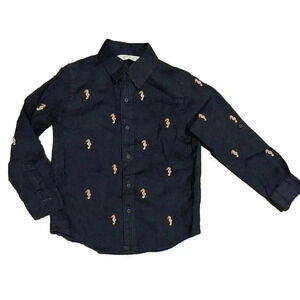JANIE & JACK Boys 4 Yrs Linen Button Up Shirt Seahorse Roll-Cuff Long Sleeve 4T